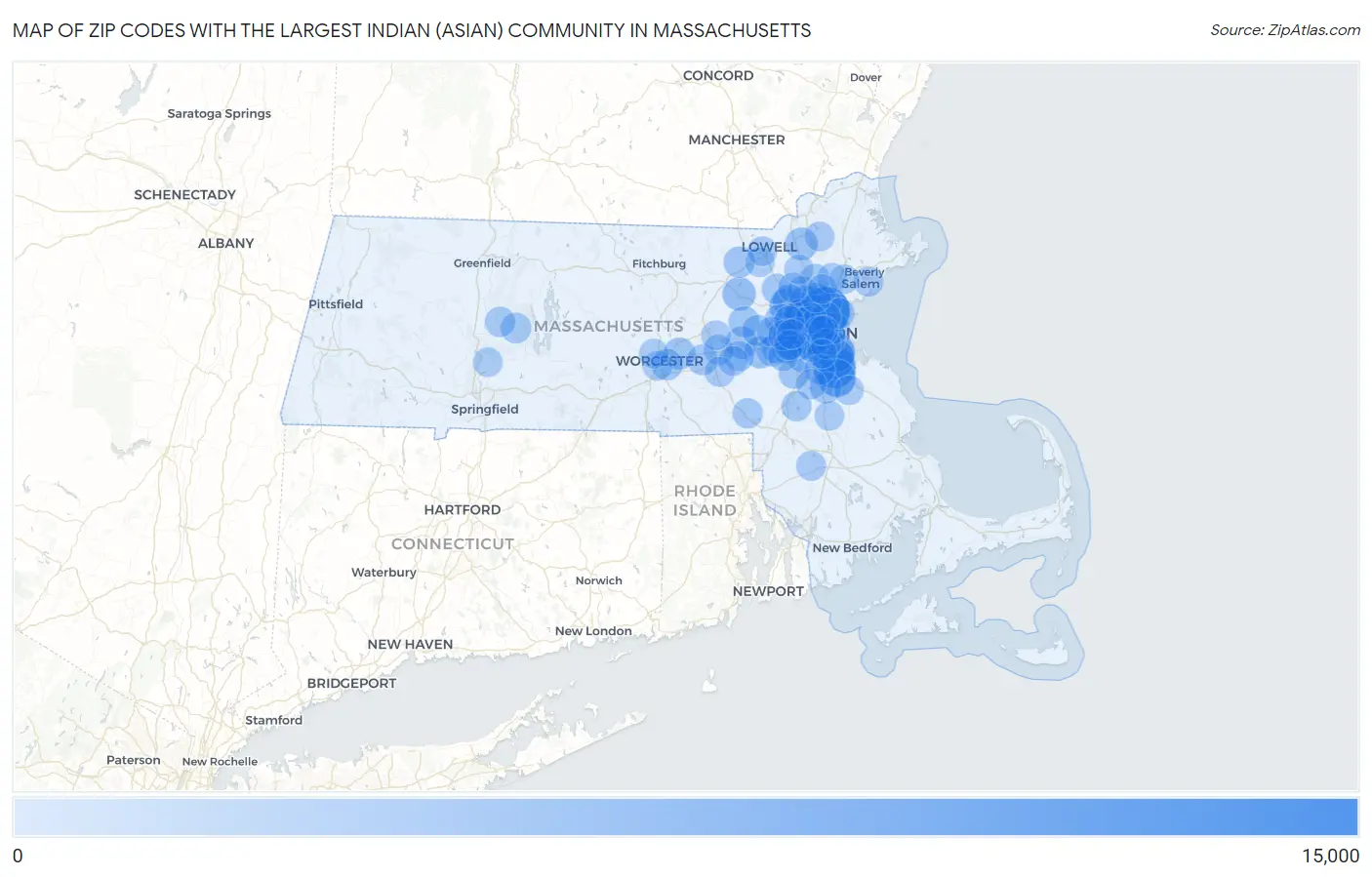Zip Codes with the Largest Indian (Asian) Community in Massachusetts Map