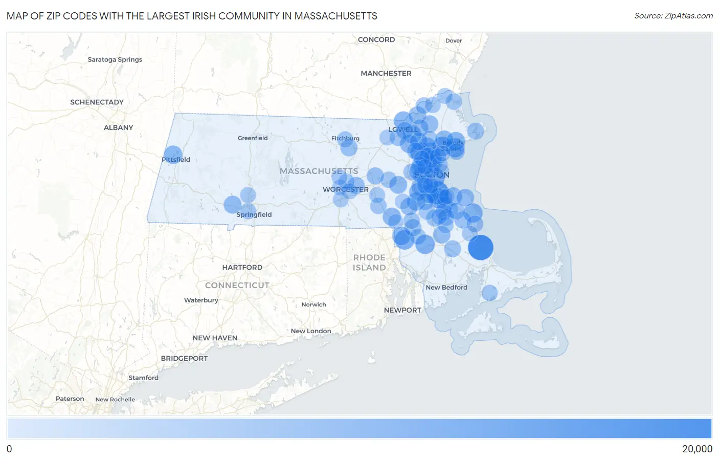 Zip Codes with the Largest Irish Community in Massachusetts Map