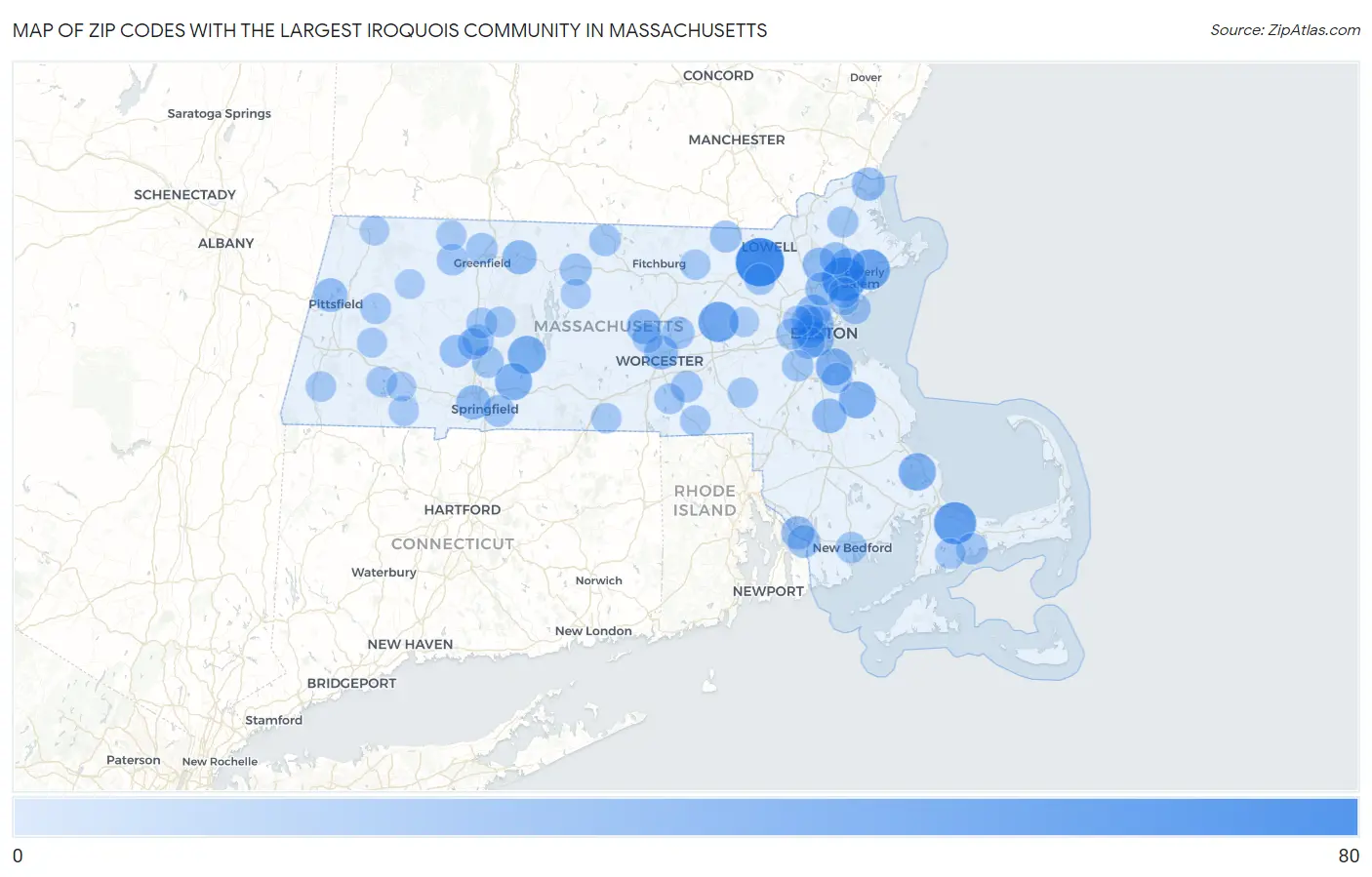 Zip Codes with the Largest Iroquois Community in Massachusetts Map