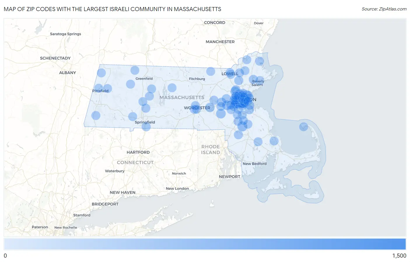 Zip Codes with the Largest Israeli Community in Massachusetts Map