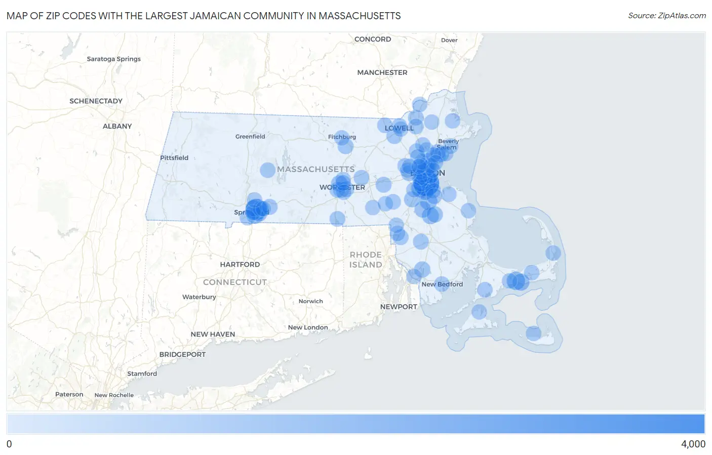 Zip Codes with the Largest Jamaican Community in Massachusetts Map