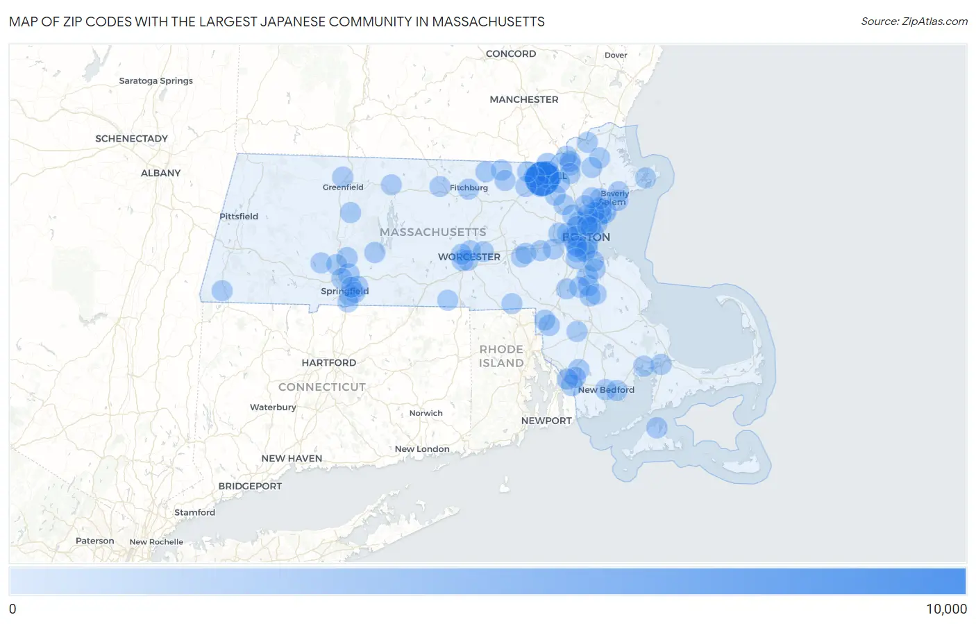 Zip Codes with the Largest Japanese Community in Massachusetts Map