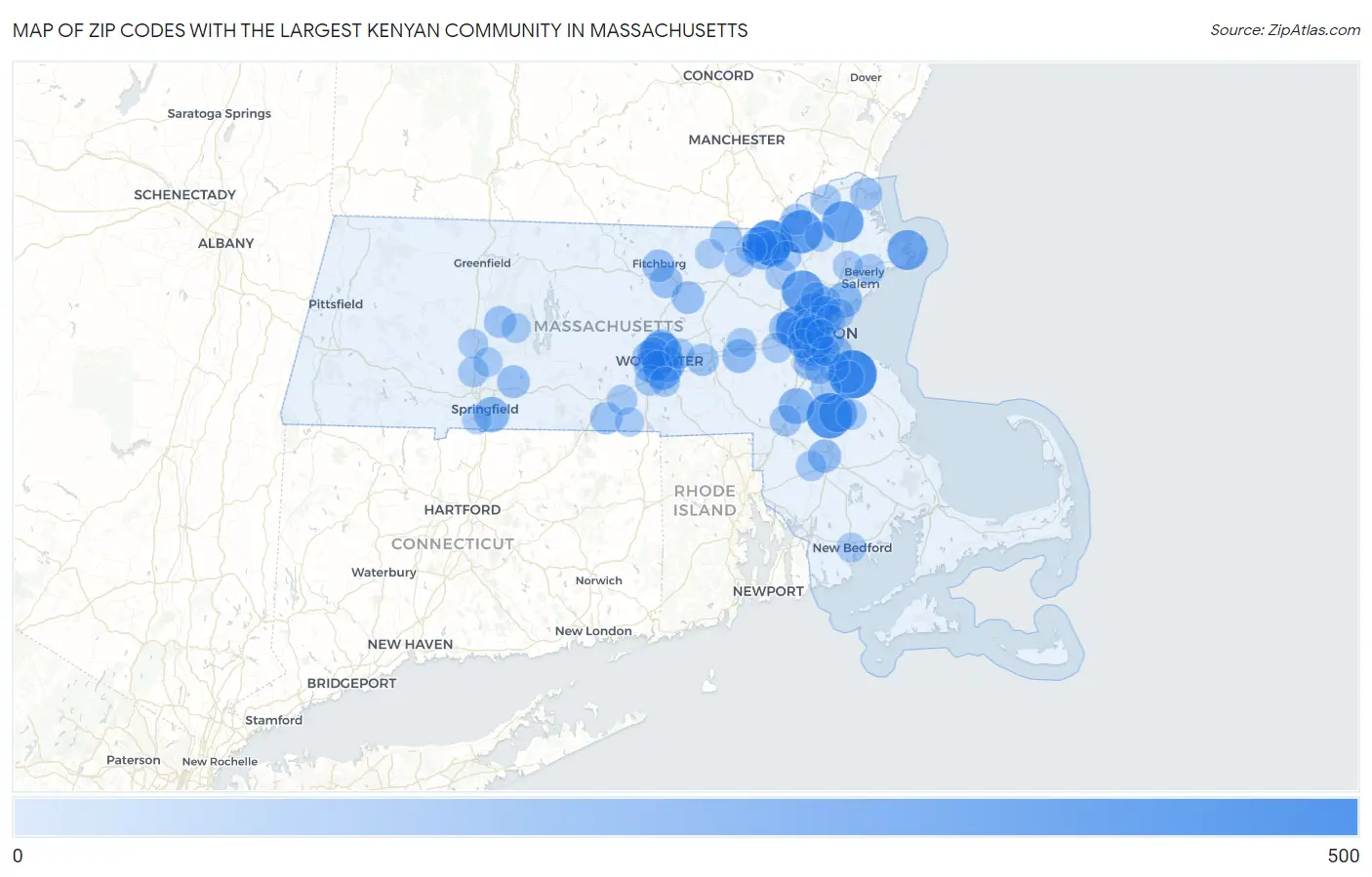 Zip Codes with the Largest Kenyan Community in Massachusetts Map