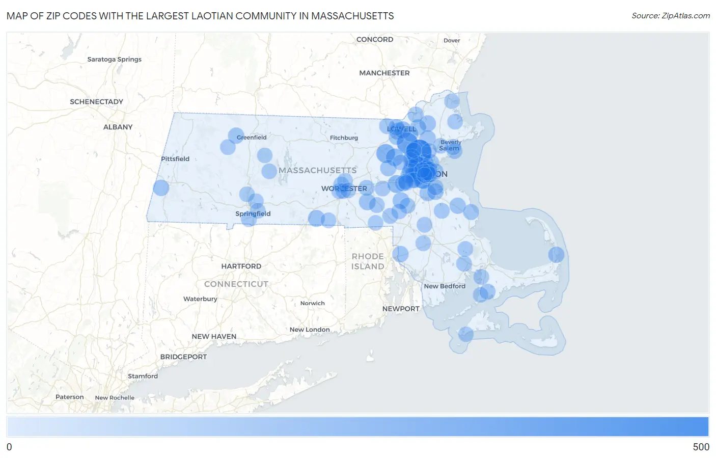 Zip Codes with the Largest Laotian Community in Massachusetts Map