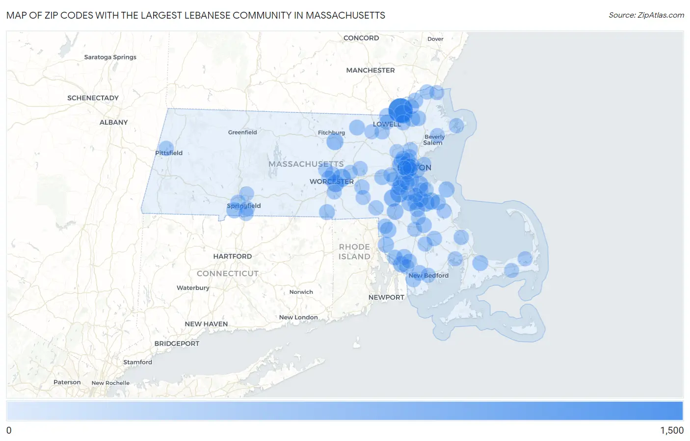 Zip Codes with the Largest Lebanese Community in Massachusetts Map