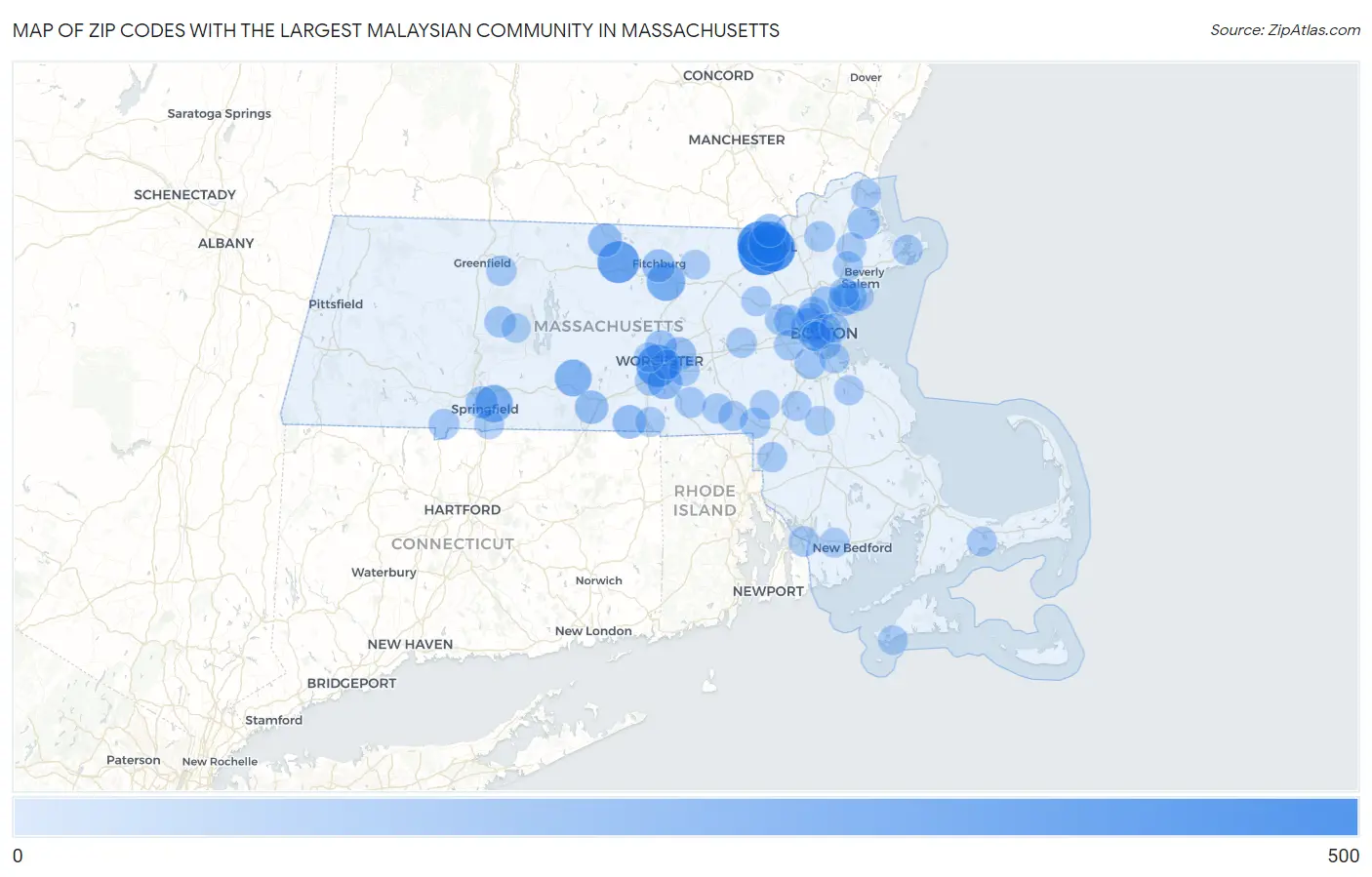 Zip Codes with the Largest Malaysian Community in Massachusetts Map