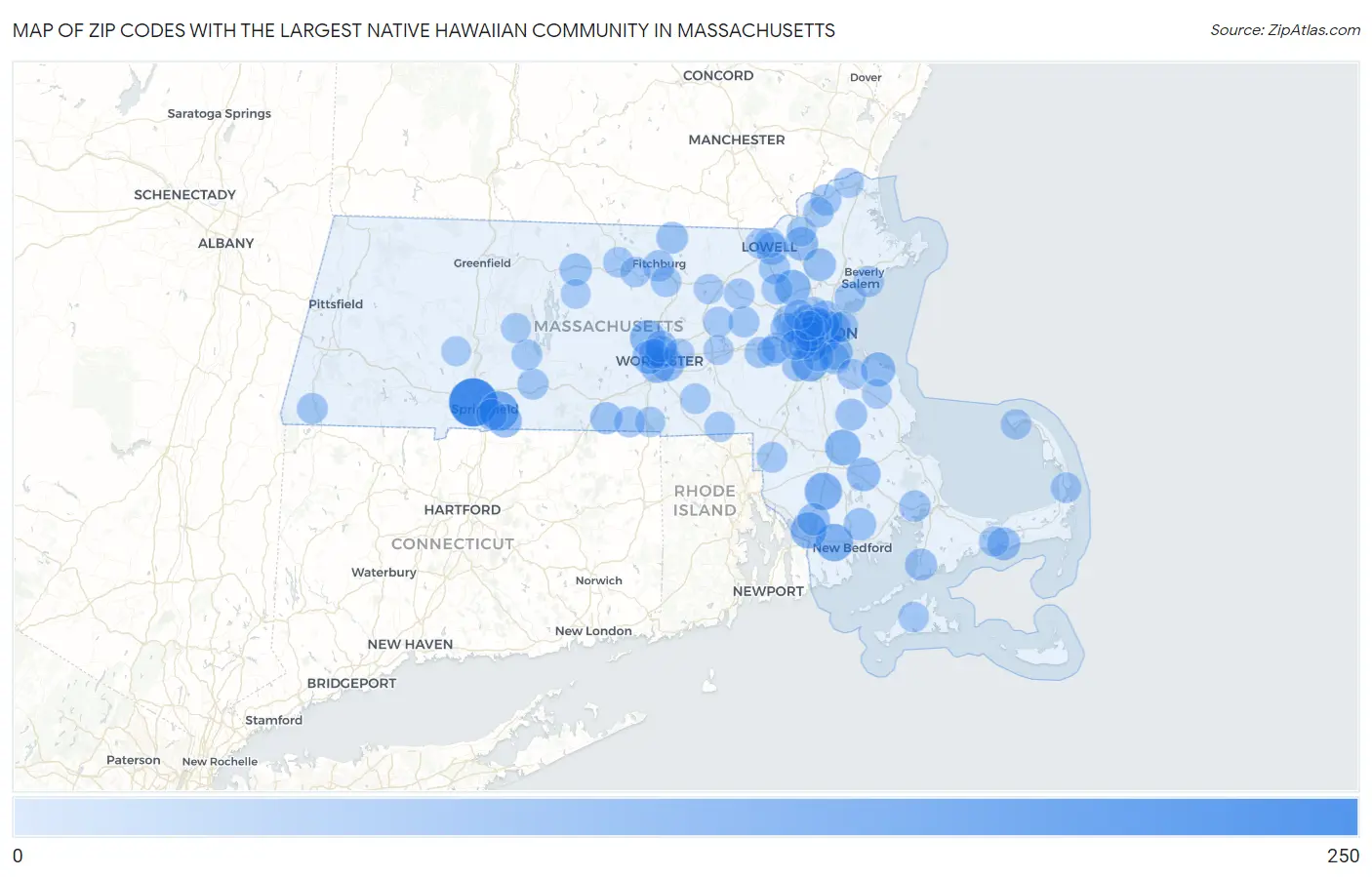 Zip Codes with the Largest Native Hawaiian Community in Massachusetts Map