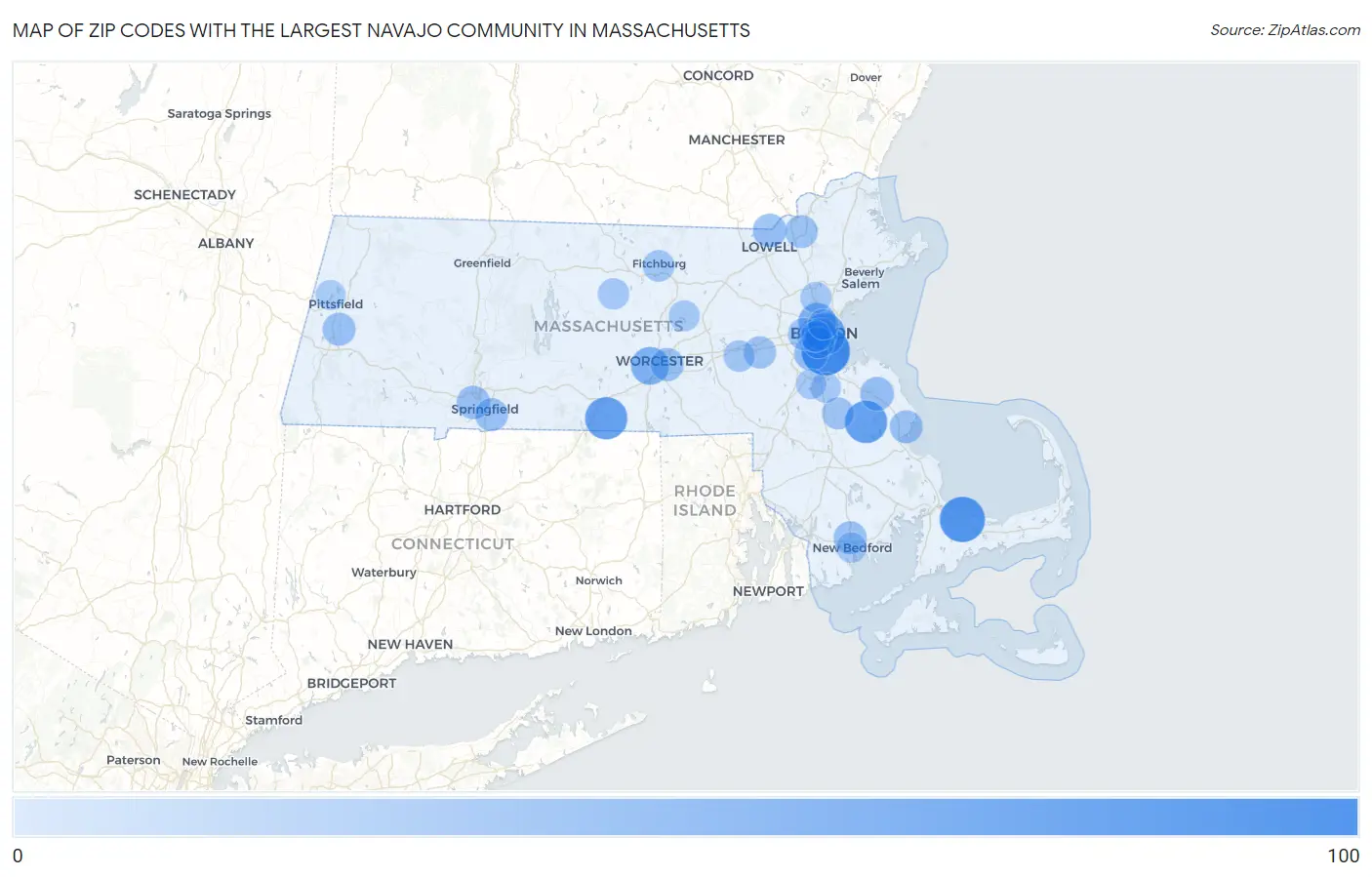 Zip Codes with the Largest Navajo Community in Massachusetts Map