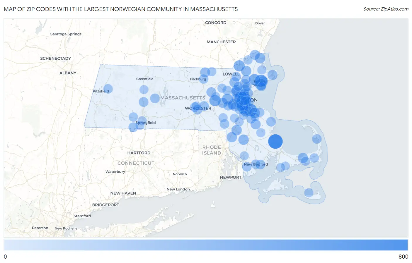 Zip Codes with the Largest Norwegian Community in Massachusetts Map