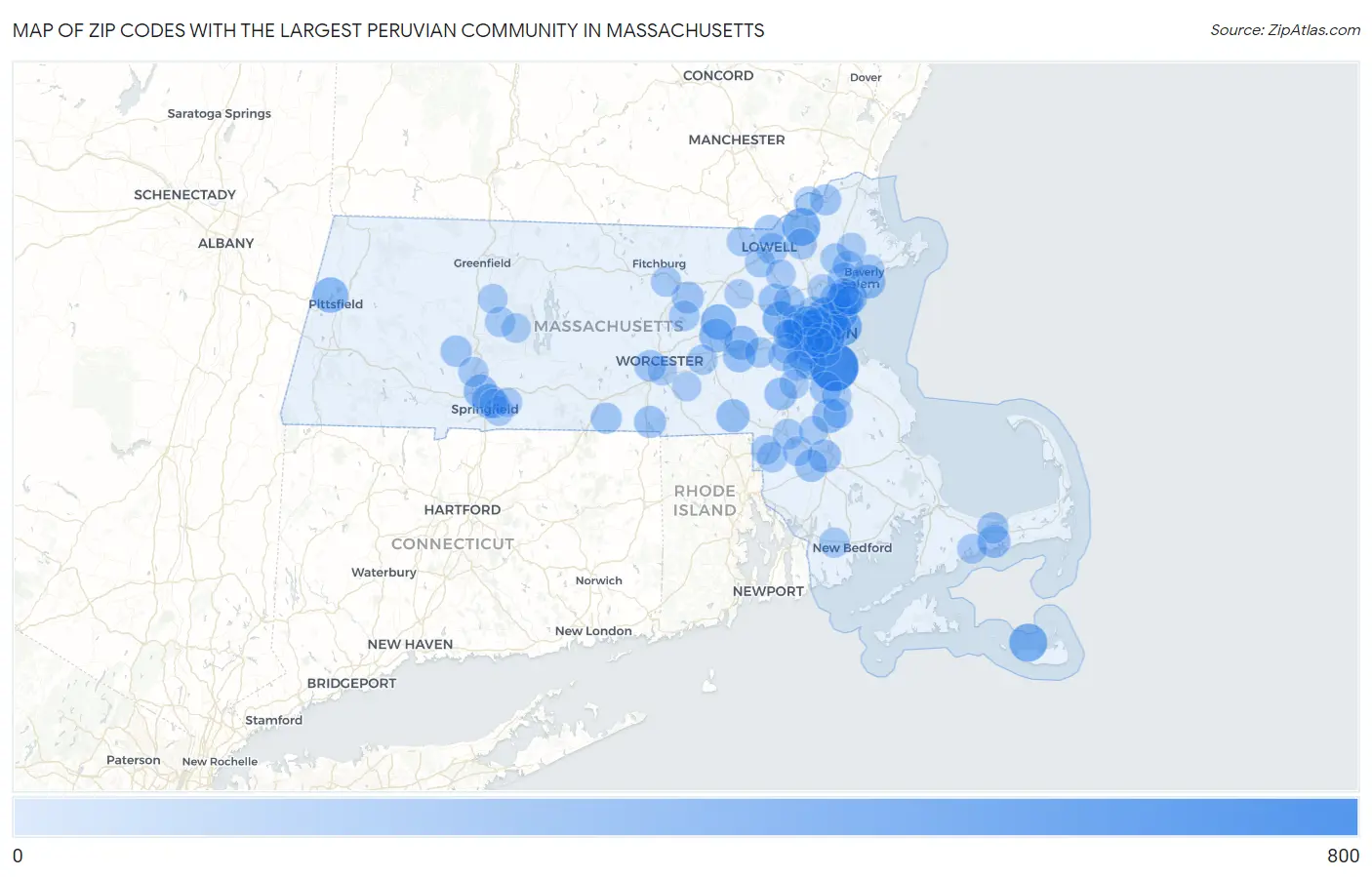 Zip Codes with the Largest Peruvian Community in Massachusetts Map