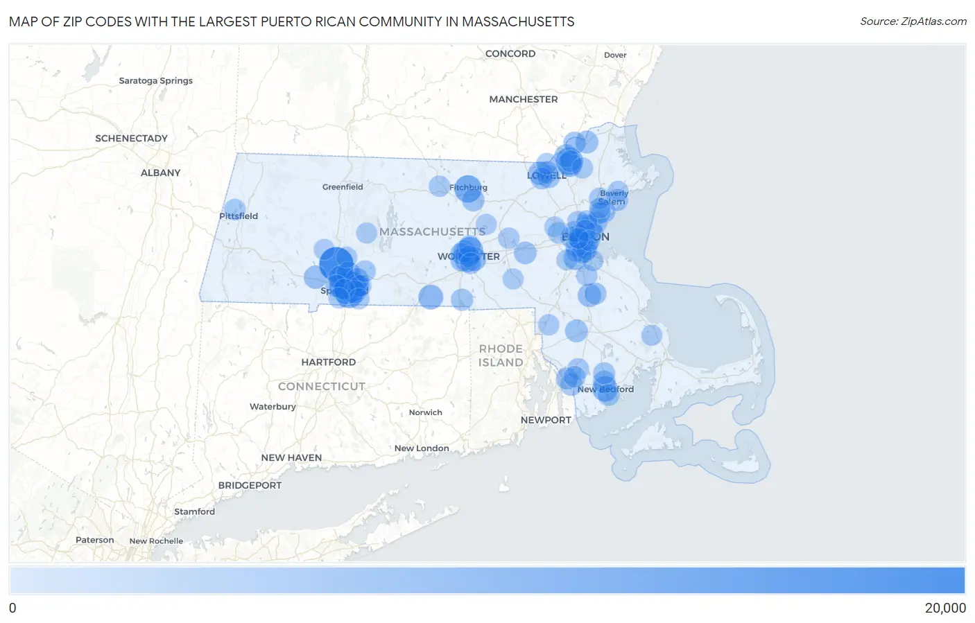 Zip Codes with the Largest Puerto Rican Community in Massachusetts Map