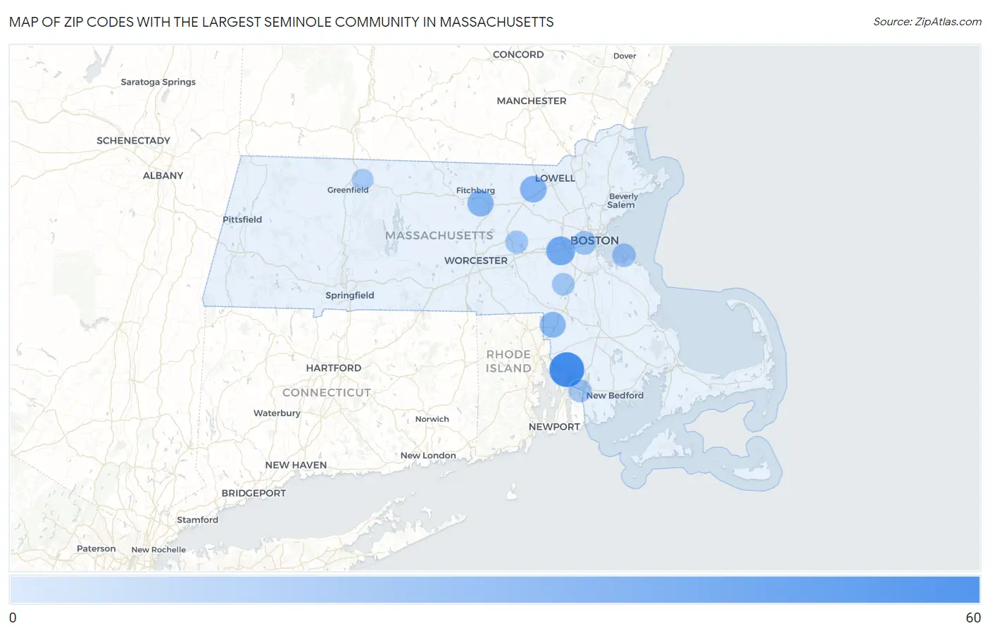 Zip Codes with the Largest Seminole Community in Massachusetts Map