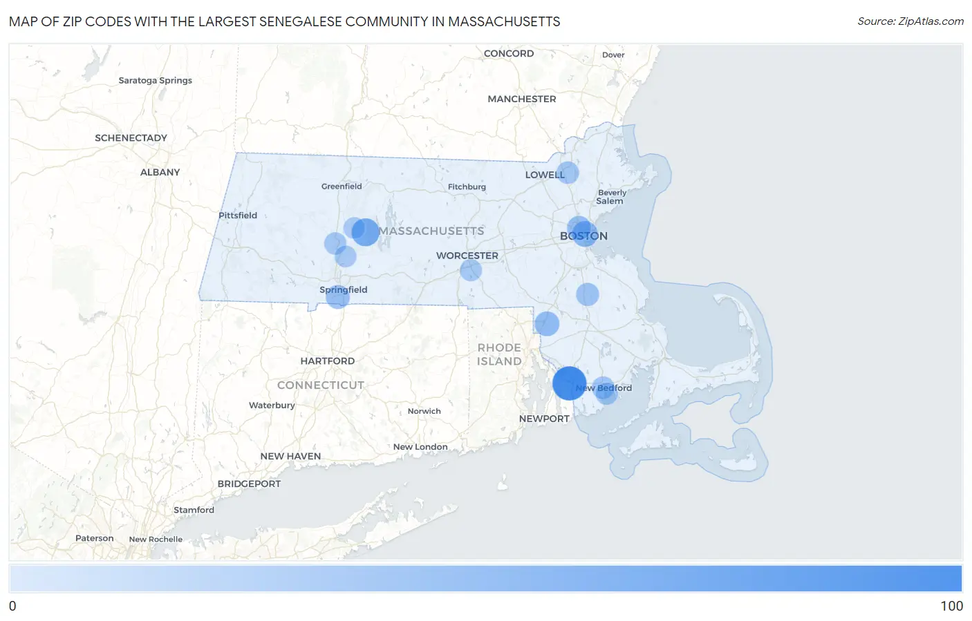 Zip Codes with the Largest Senegalese Community in Massachusetts Map