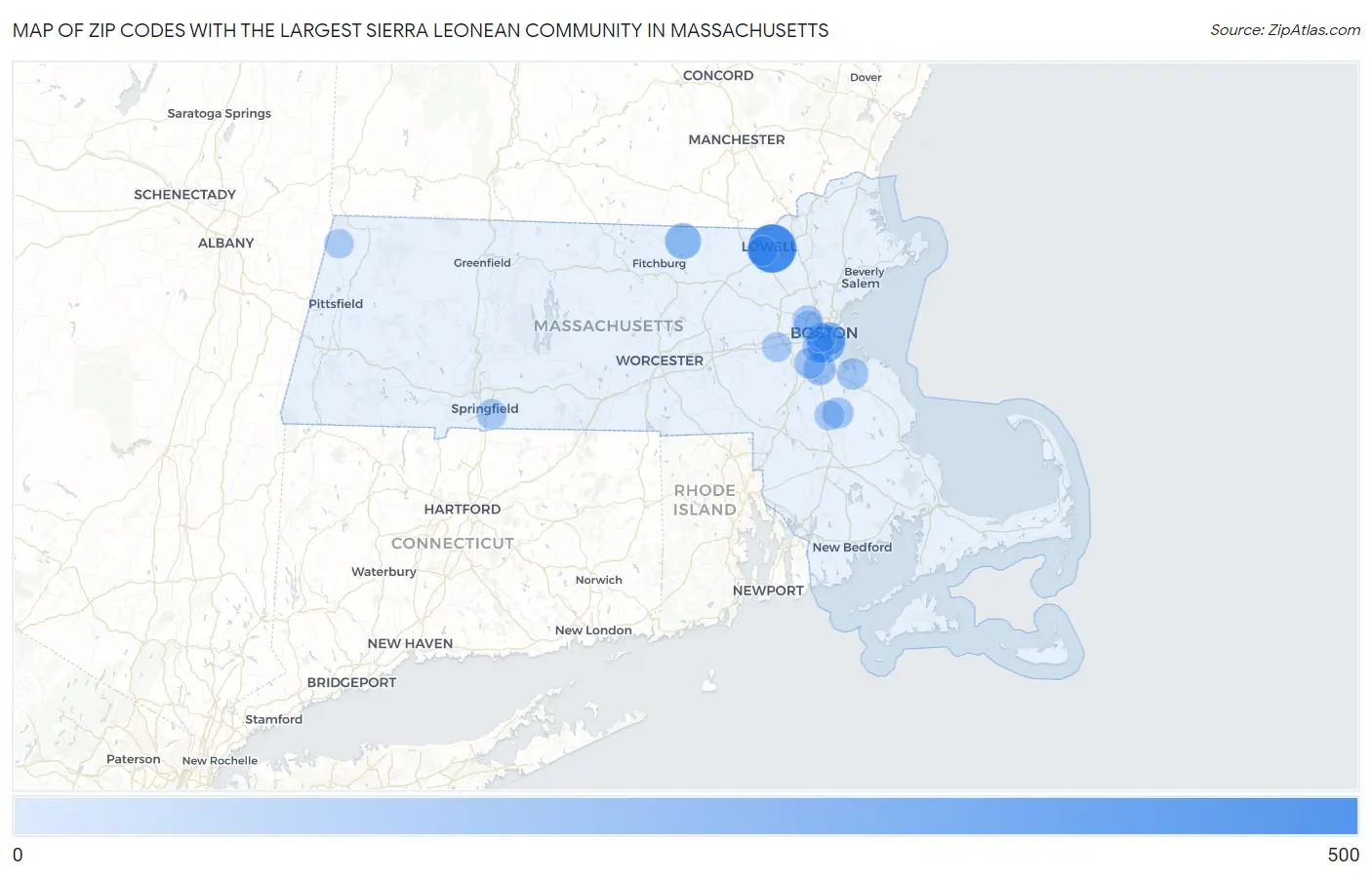 Zip Codes with the Largest Sierra Leonean Community in Massachusetts Map