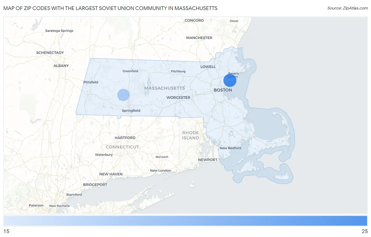 Zip Codes with the Largest Soviet Union Community in Massachusetts Map