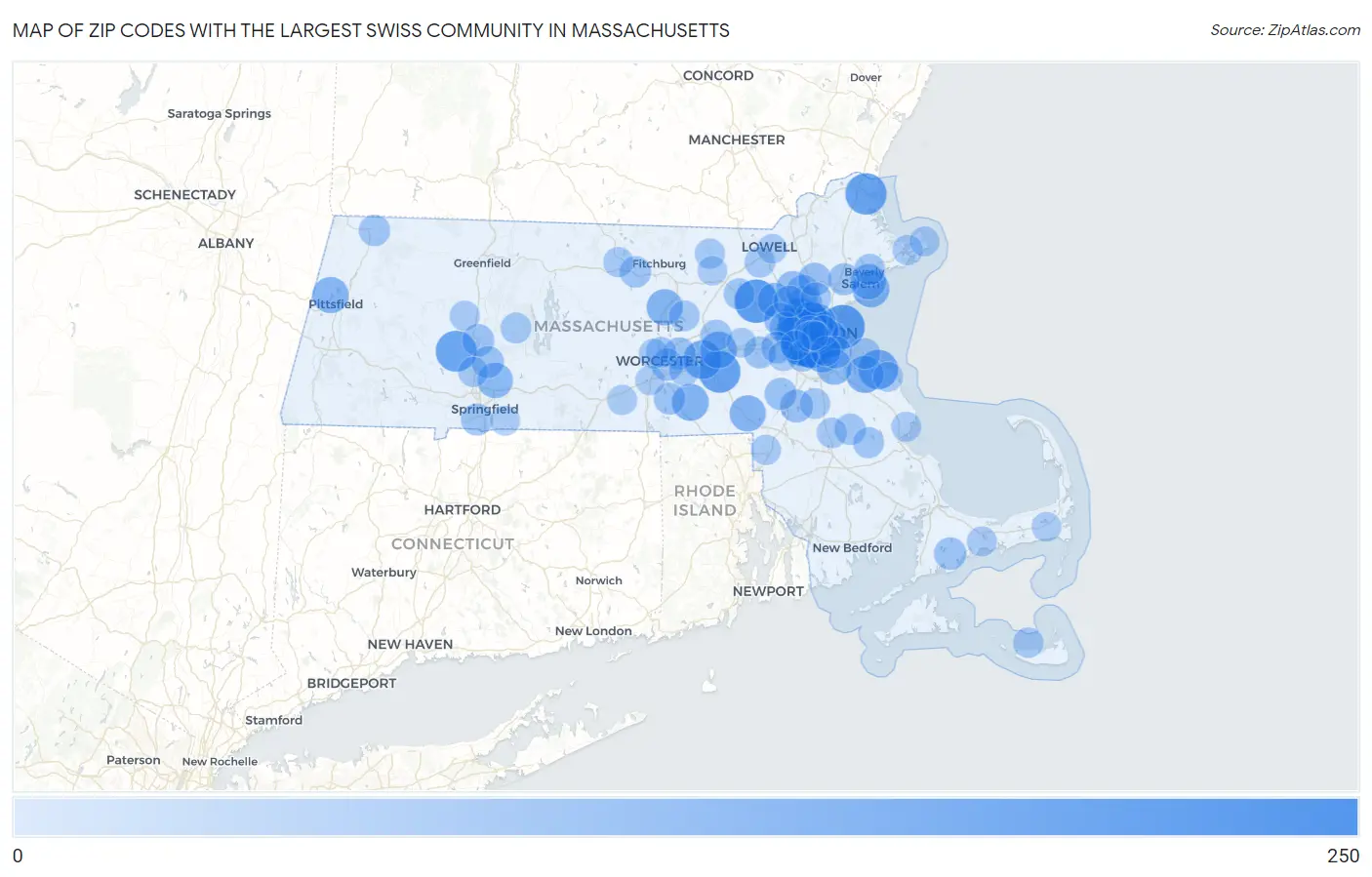 Zip Codes with the Largest Swiss Community in Massachusetts Map