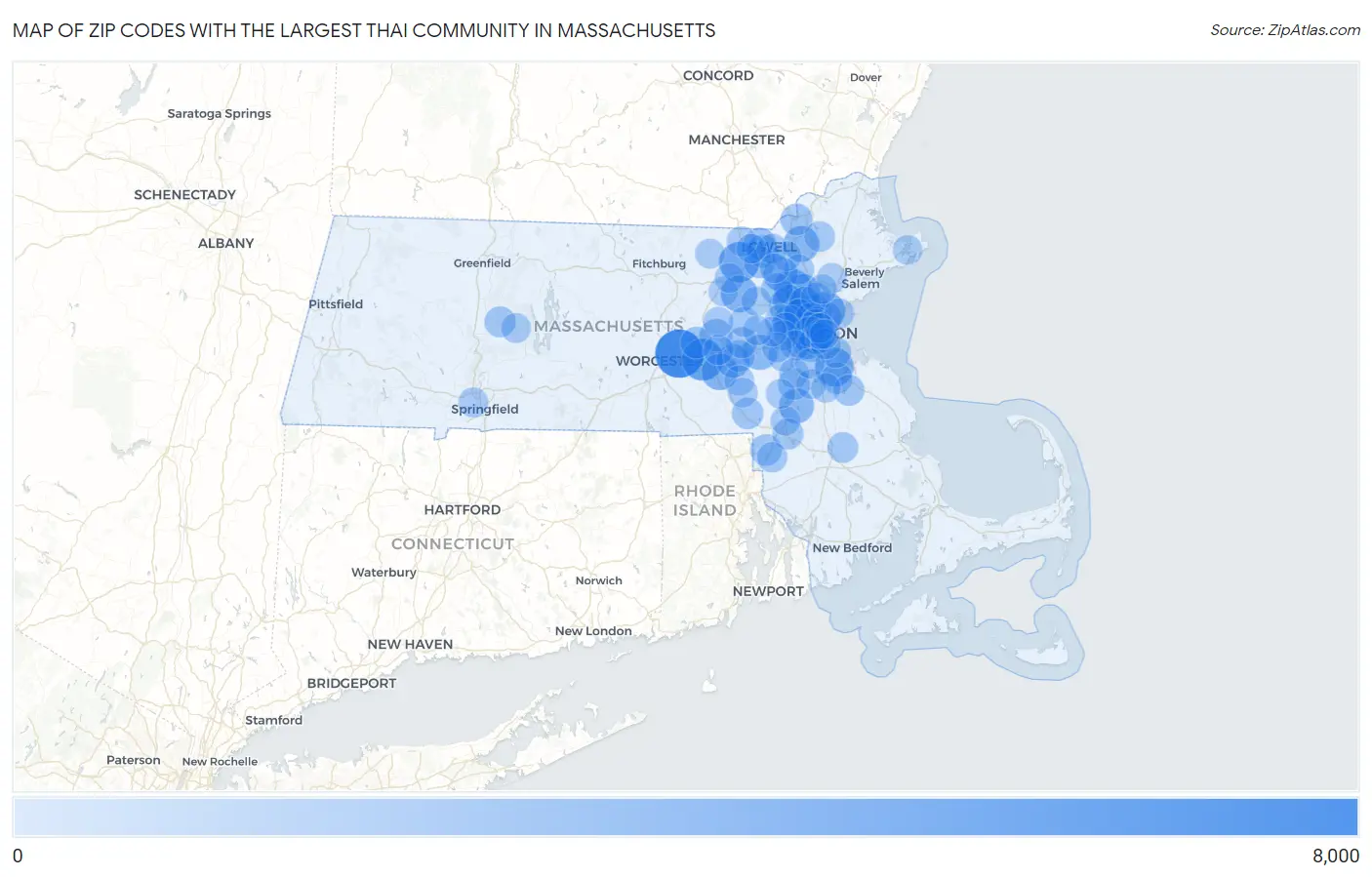 Zip Codes with the Largest Thai Community in Massachusetts Map