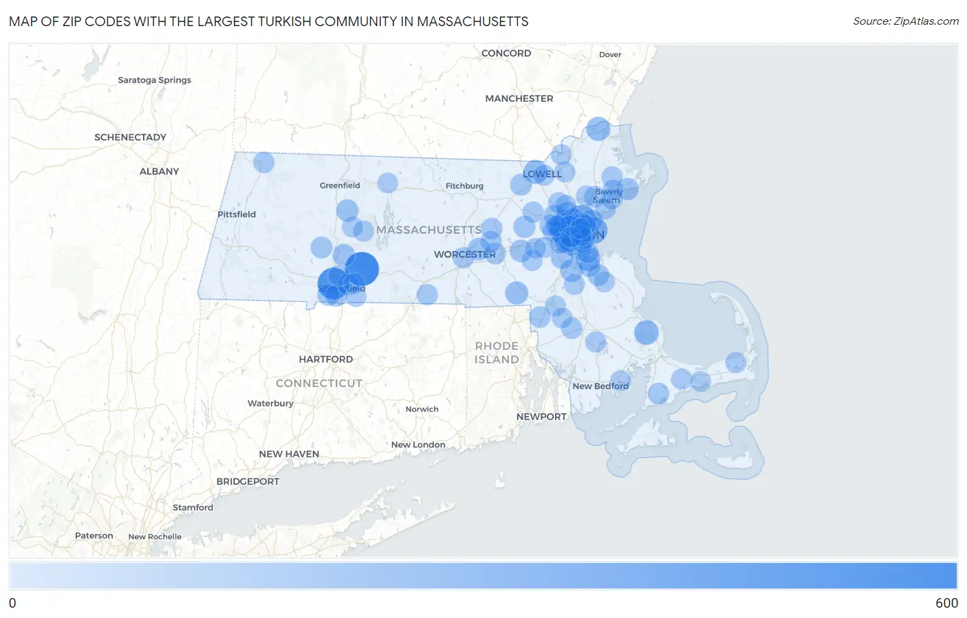 Zip Codes with the Largest Turkish Community in Massachusetts Map