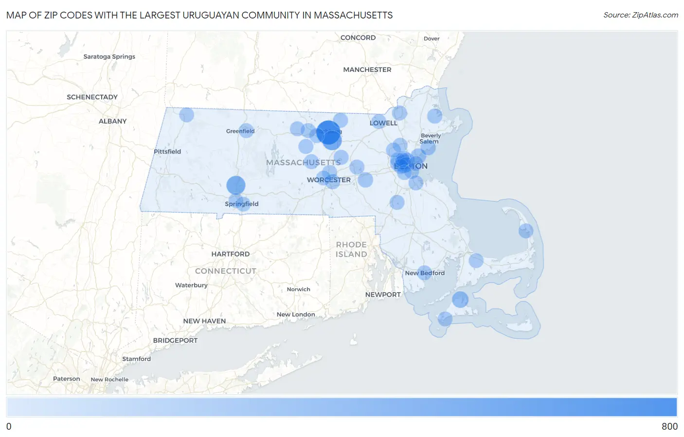 Zip Codes with the Largest Uruguayan Community in Massachusetts Map