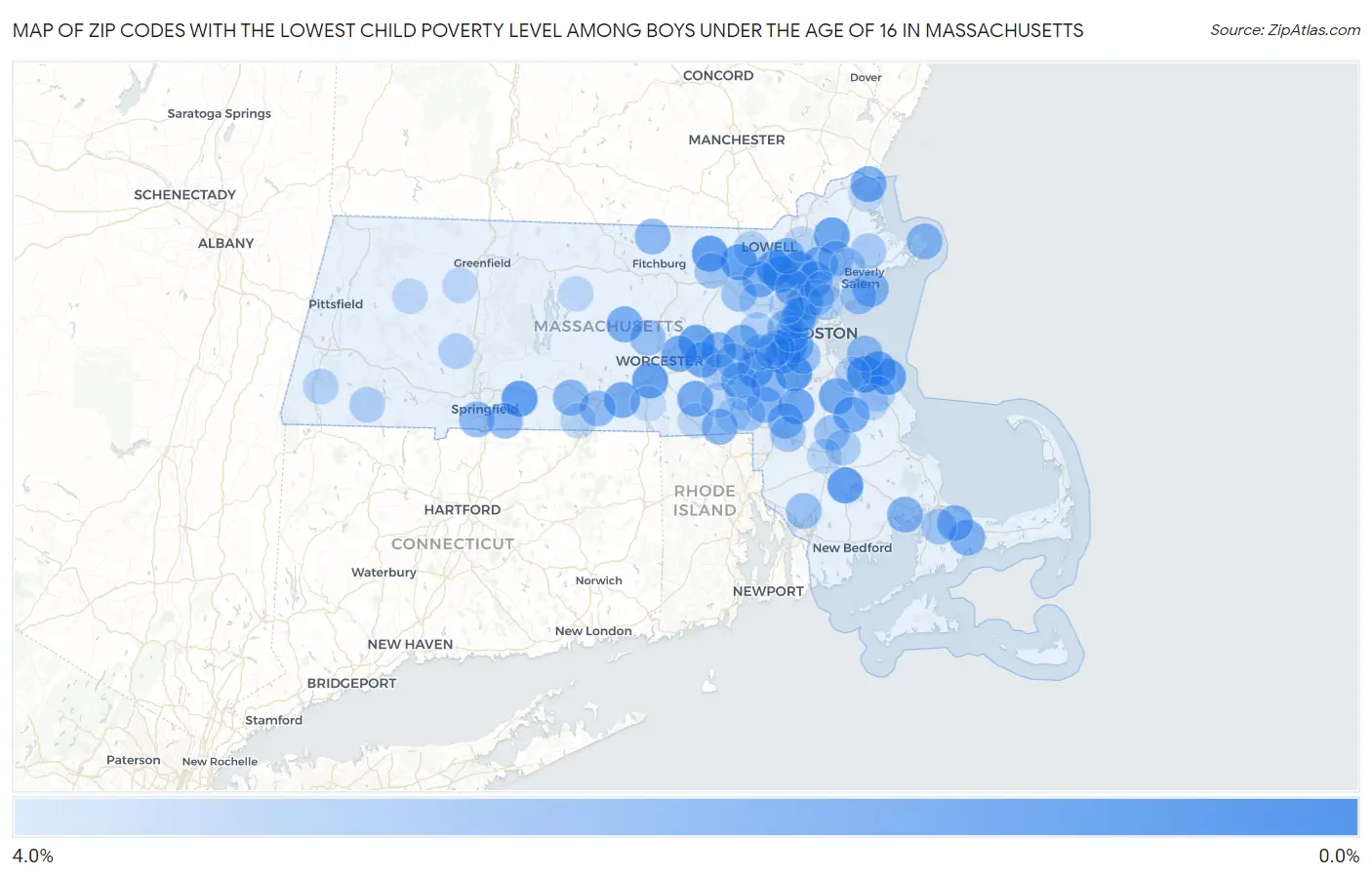 Zip Codes with the Lowest Child Poverty Level Among Boys Under the Age of 16 in Massachusetts Map