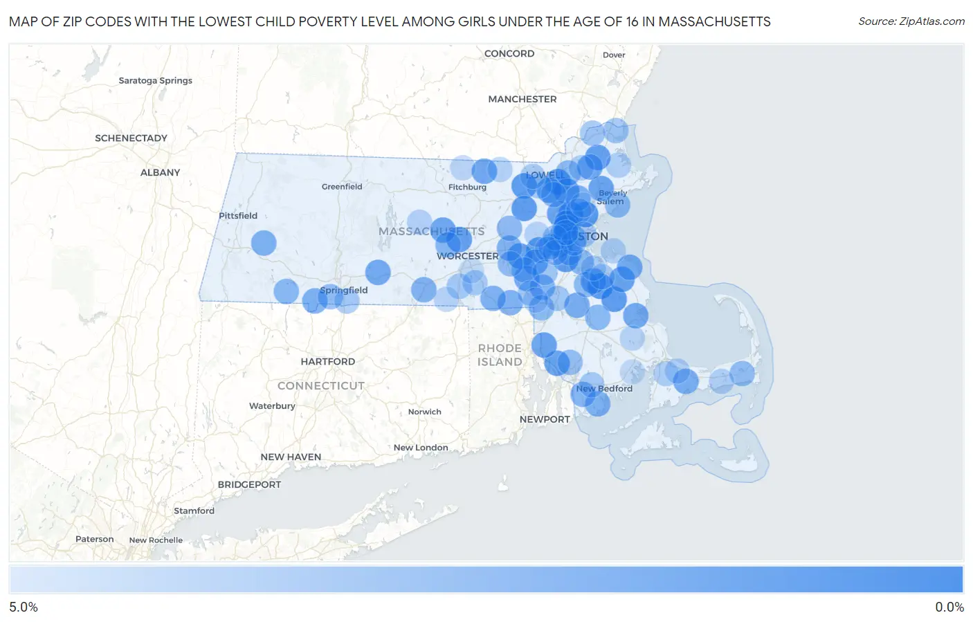 Zip Codes with the Lowest Child Poverty Level Among Girls Under the Age of 16 in Massachusetts Map