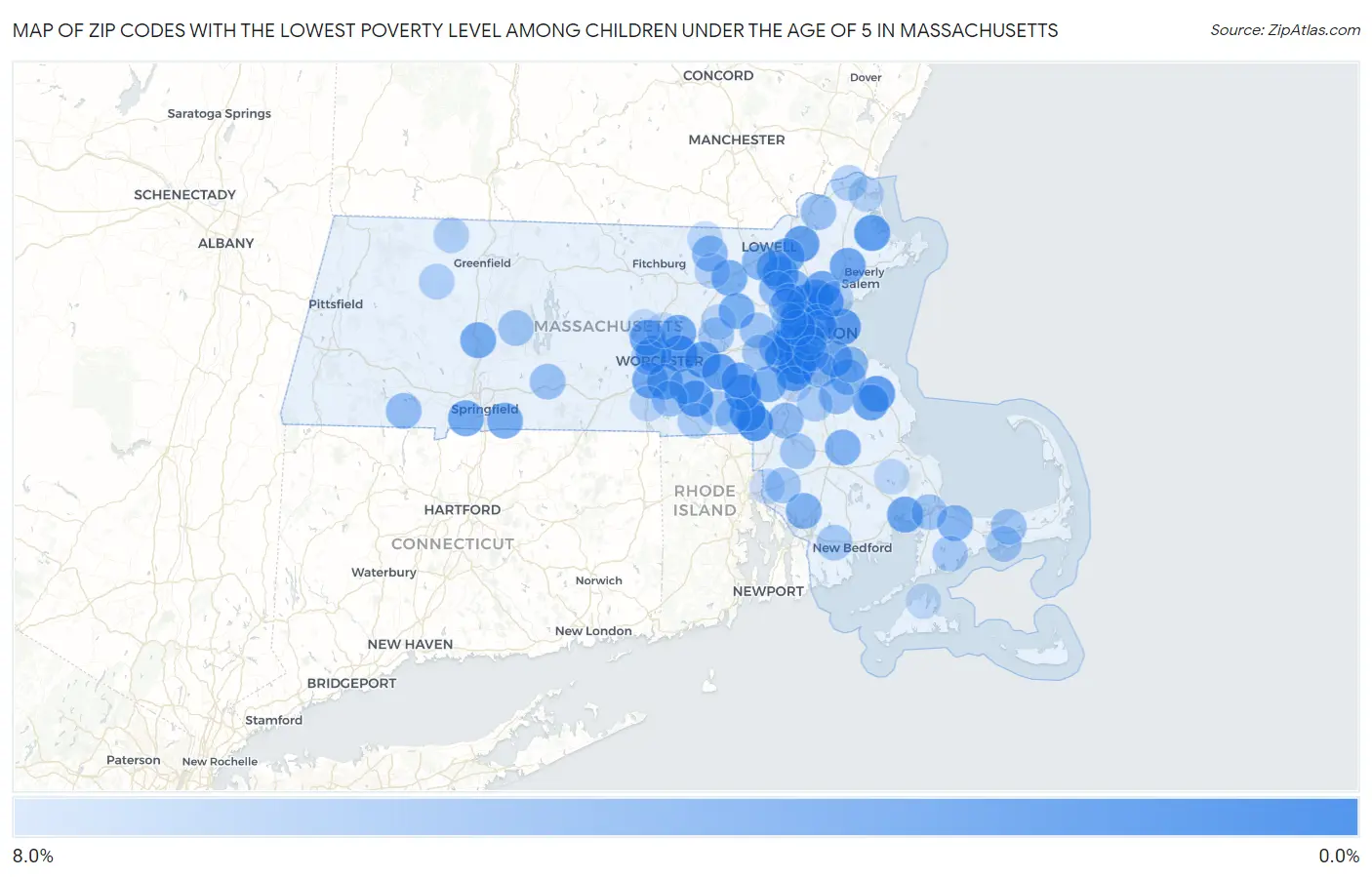 Zip Codes with the Lowest Poverty Level Among Children Under the Age of 5 in Massachusetts Map