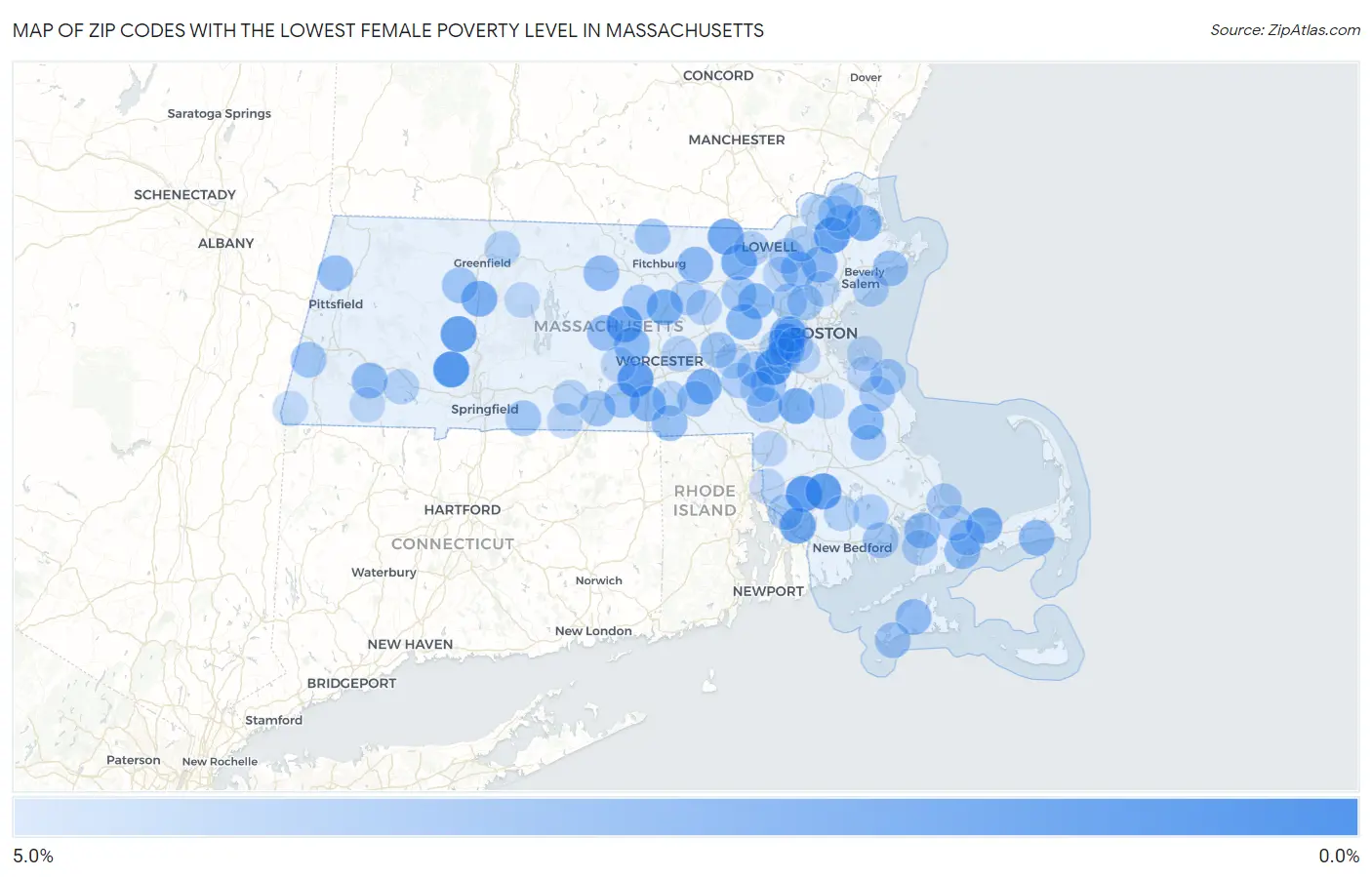 Zip Codes with the Lowest Female Poverty Level in Massachusetts Map