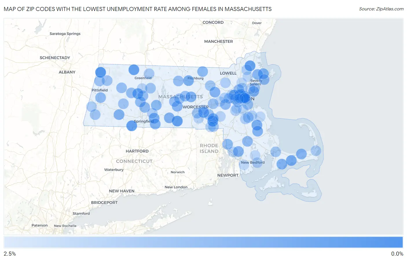 Zip Codes with the Lowest Unemployment Rate Among Females in Massachusetts Map