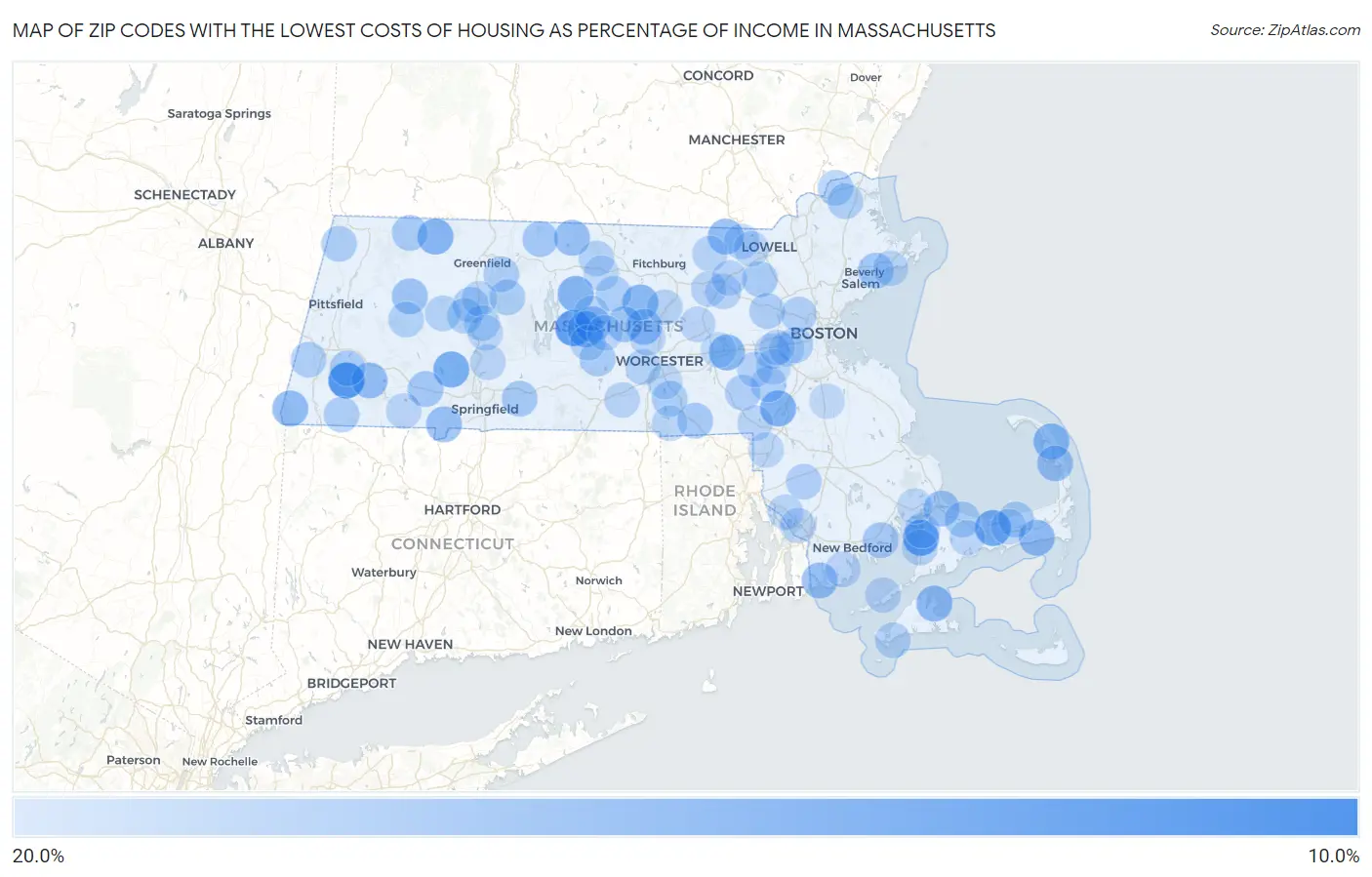 Zip Codes with the Lowest Costs of Housing as Percentage of Income in Massachusetts Map