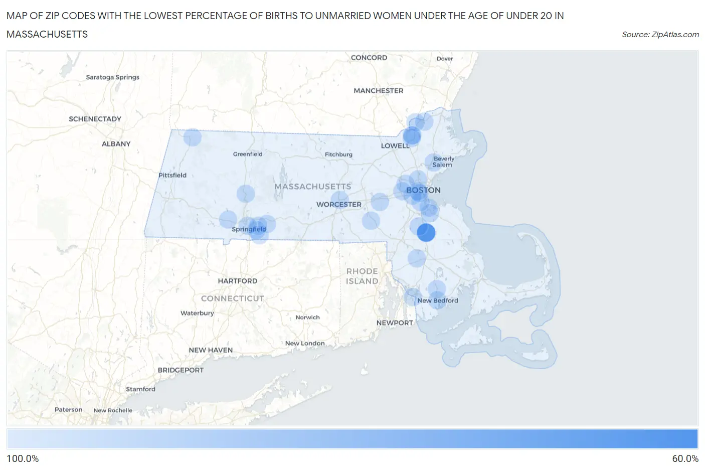 Zip Codes with the Lowest Percentage of Births to Unmarried Women under the Age of under 20 in Massachusetts Map