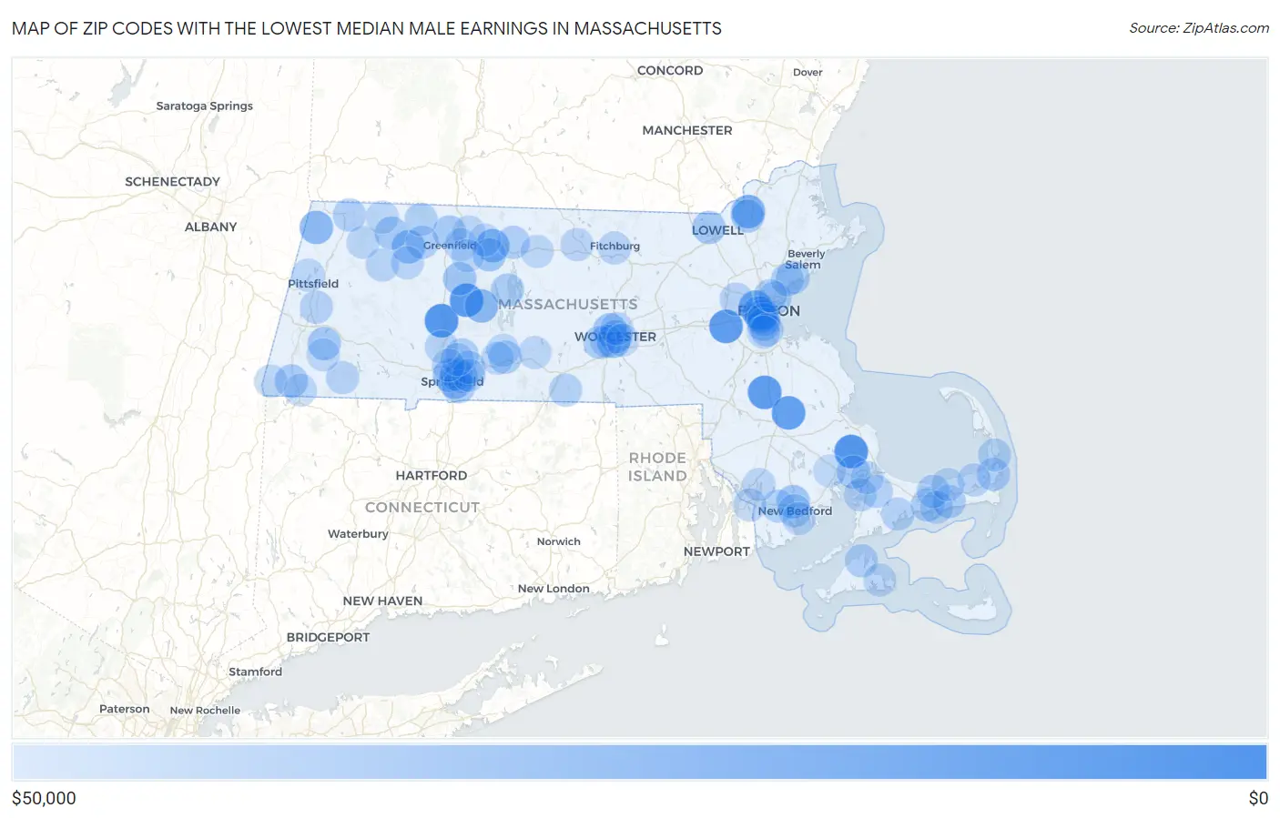 Zip Codes with the Lowest Median Male Earnings in Massachusetts Map