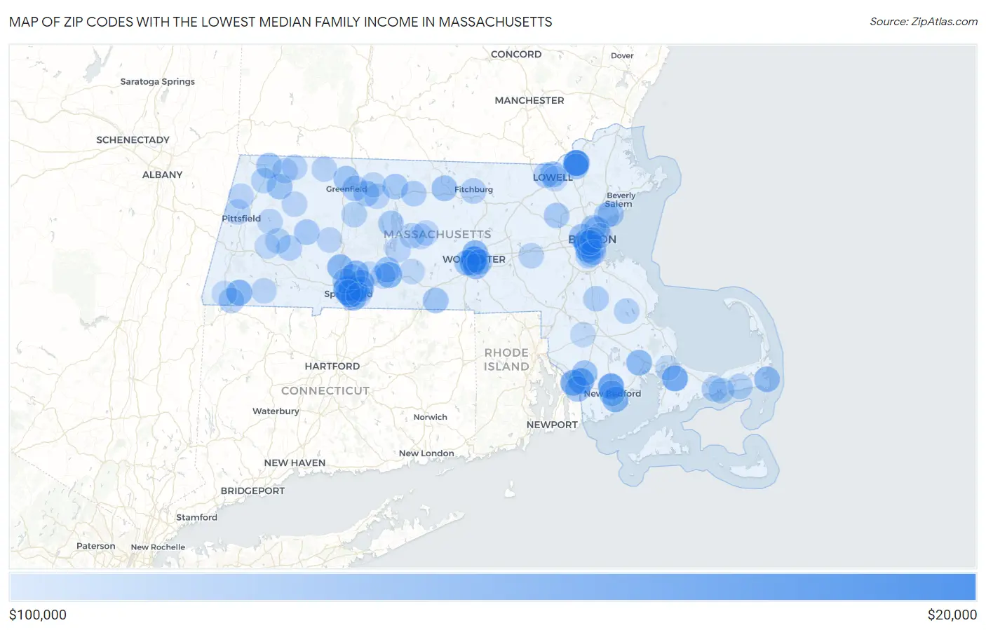 Zip Codes with the Lowest Median Family Income in Massachusetts Map