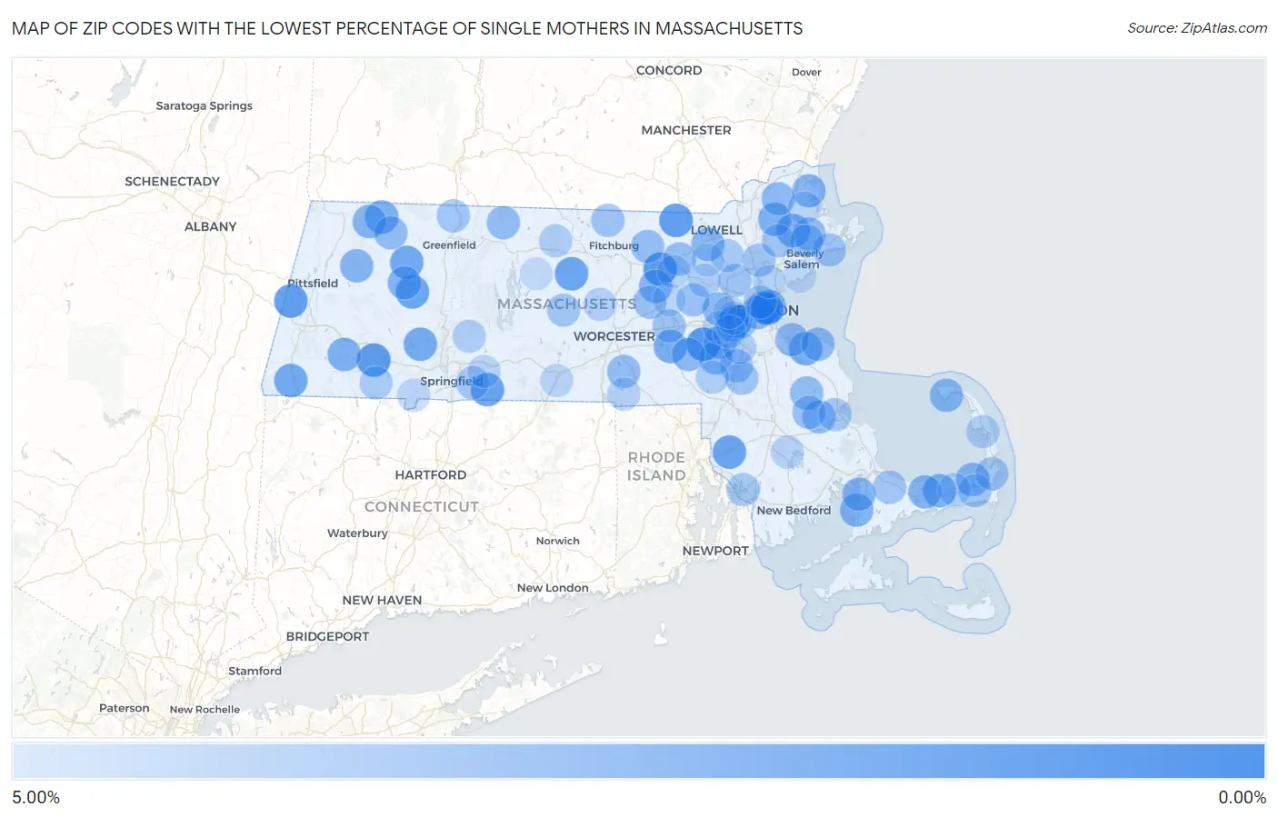 Zip Codes with the Lowest Percentage of Single Mothers in Massachusetts Map