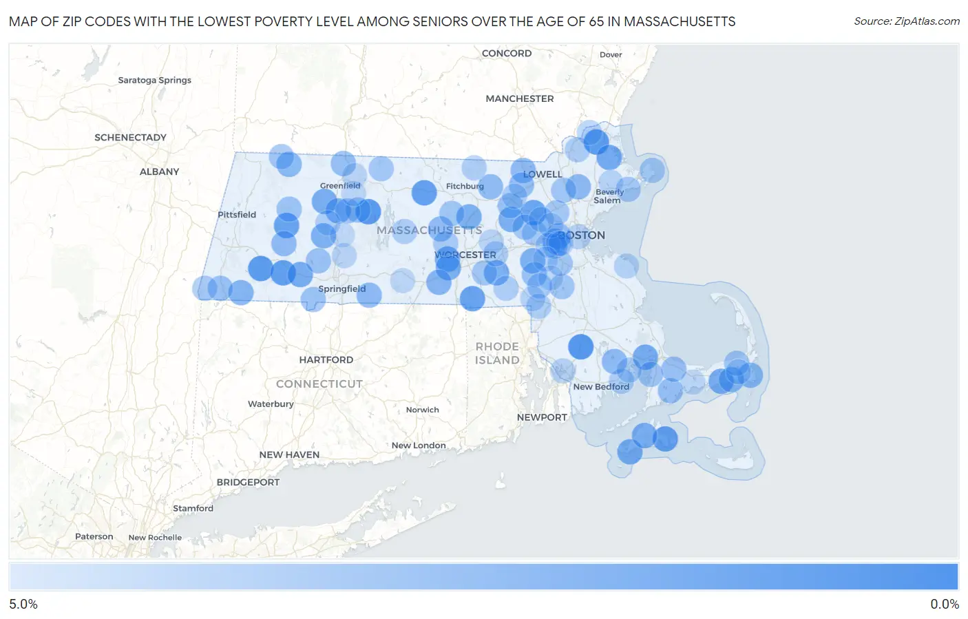 Zip Codes with the Lowest Poverty Level Among Seniors Over the Age of 65 in Massachusetts Map
