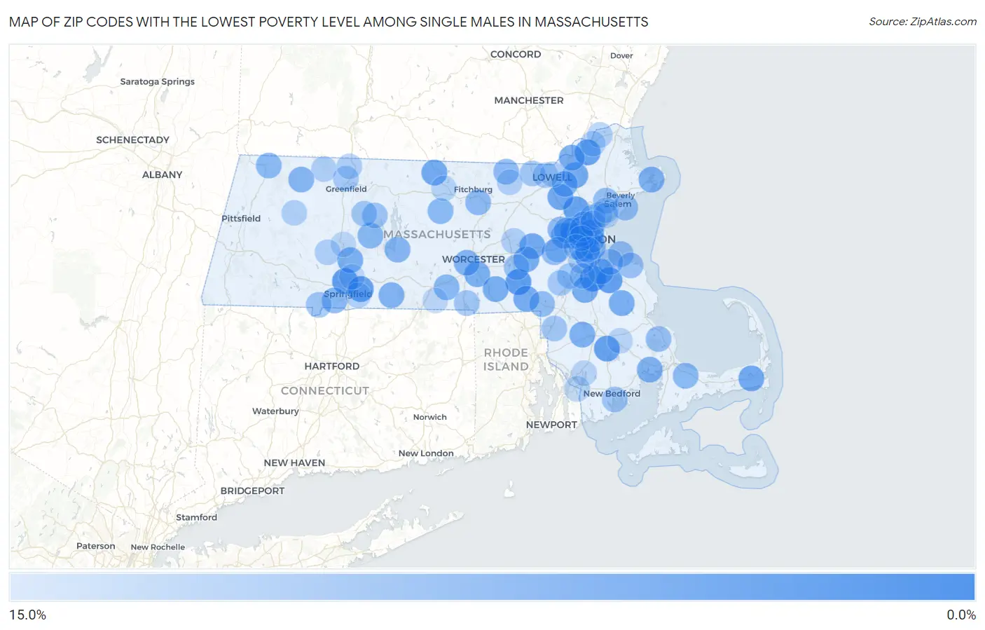 Zip Codes with the Lowest Poverty Level Among Single Males in Massachusetts Map