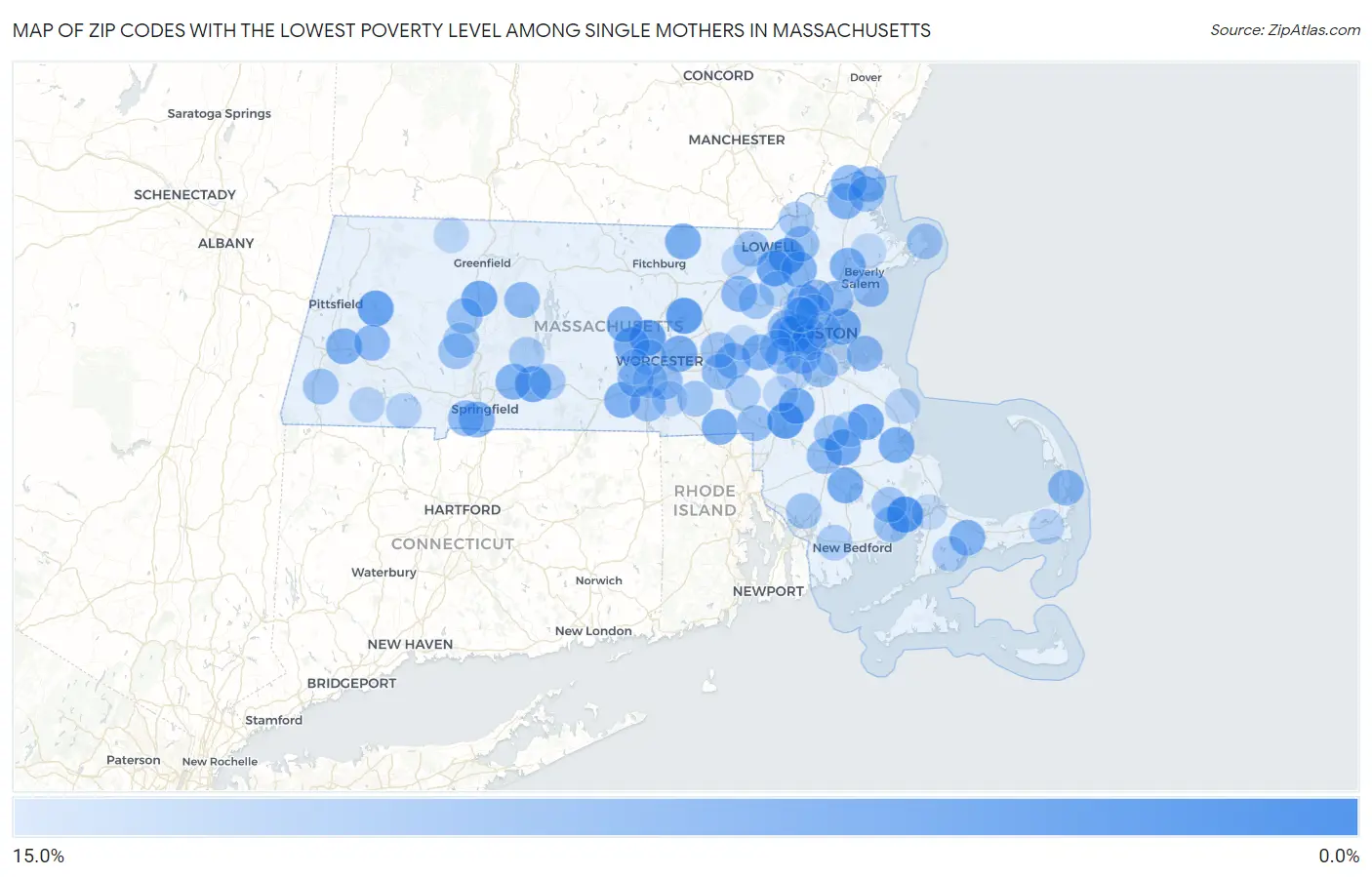 Zip Codes with the Lowest Poverty Level Among Single Mothers in Massachusetts Map