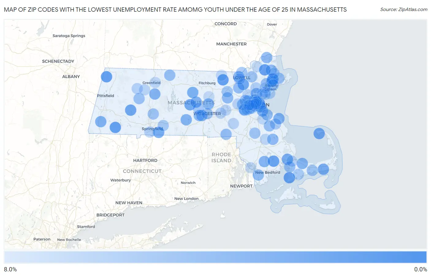 Zip Codes with the Lowest Unemployment Rate Amomg Youth Under the Age of 25 in Massachusetts Map