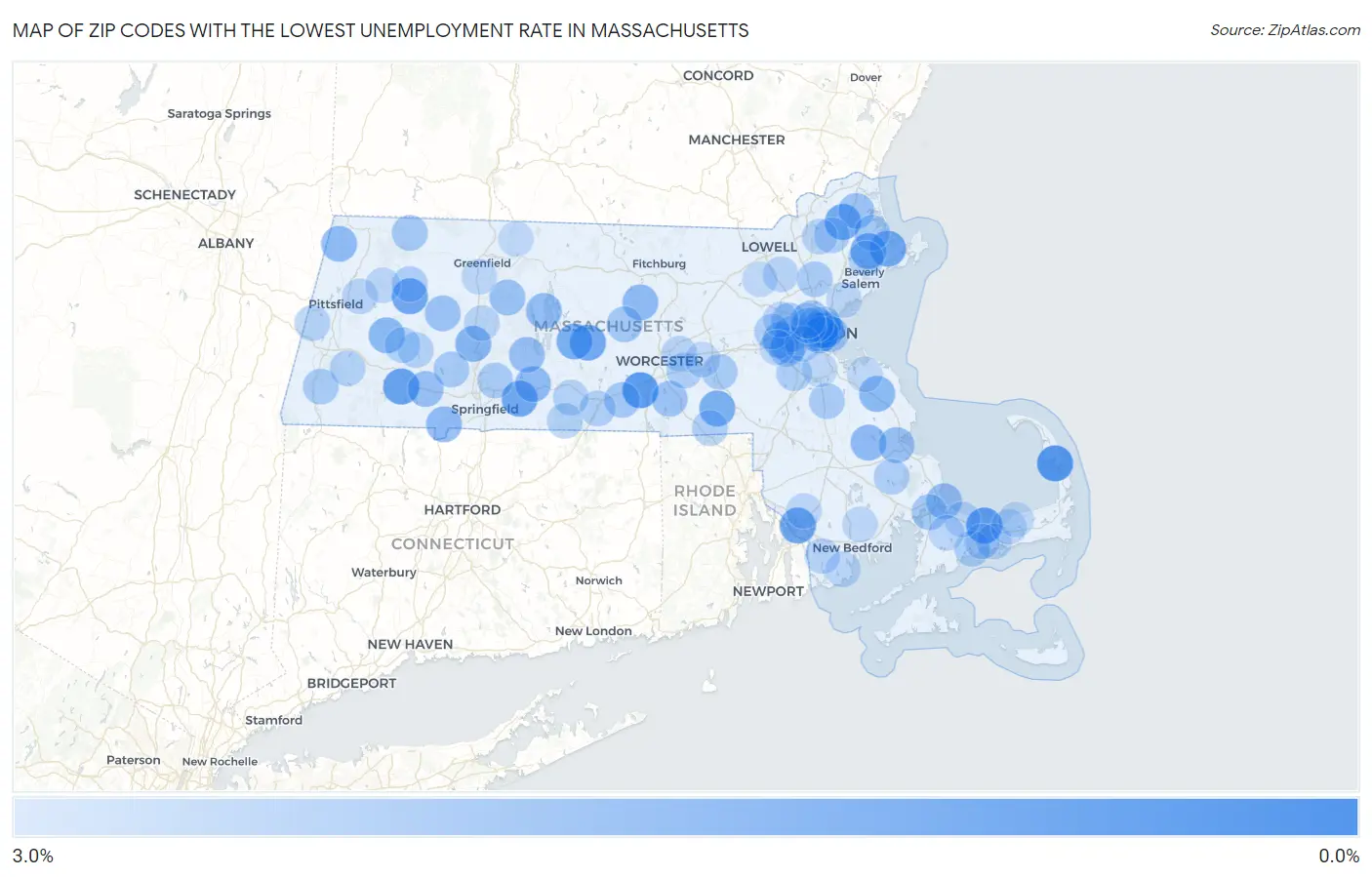 Zip Codes with the Lowest Unemployment Rate in Massachusetts Map