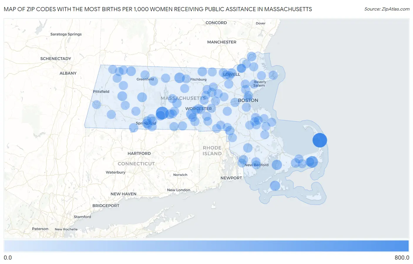 Zip Codes with the Most Births per 1,000 Women Receiving Public Assitance in Massachusetts Map