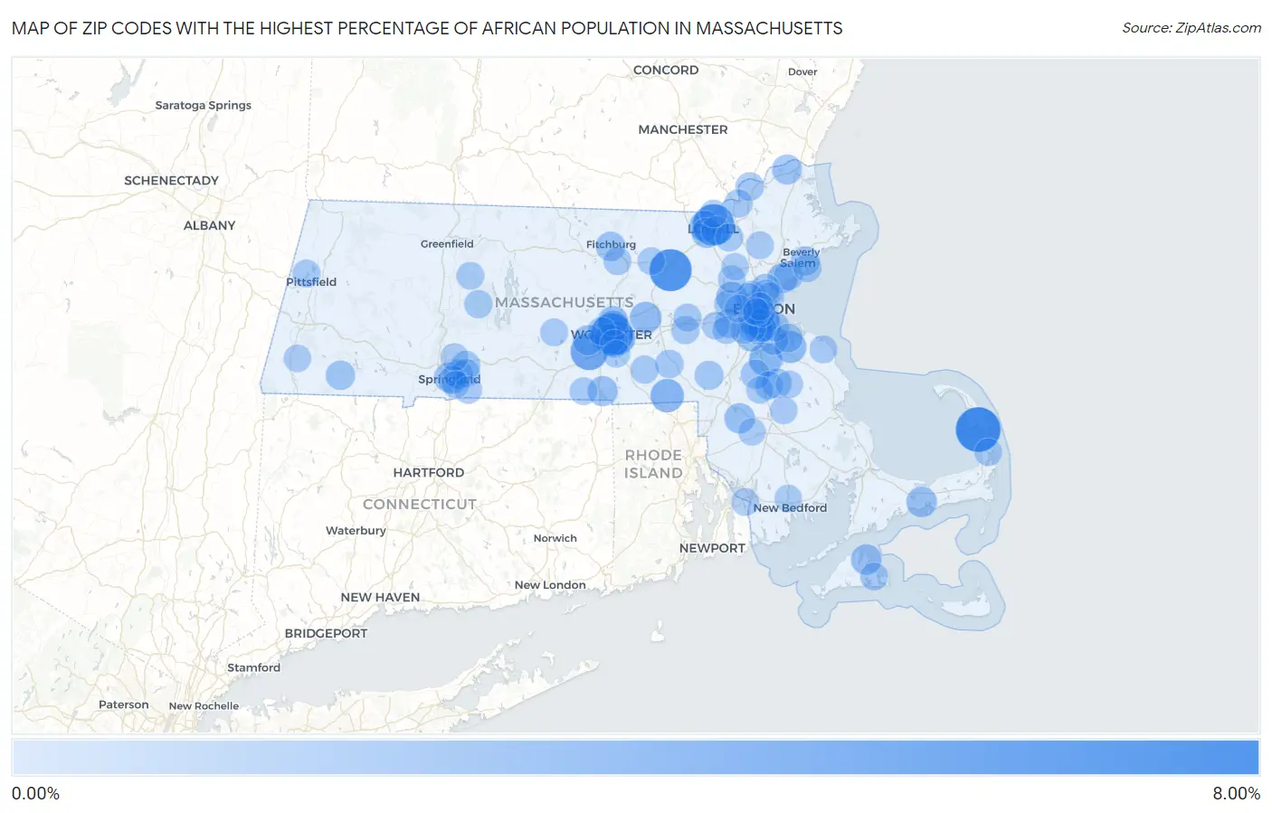 Zip Codes with the Highest Percentage of African Population in Massachusetts Map