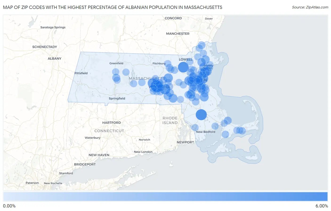Zip Codes with the Highest Percentage of Albanian Population in Massachusetts Map