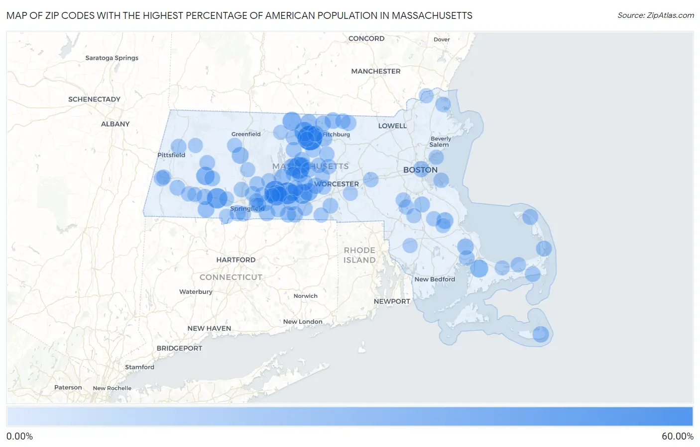 Zip Codes with the Highest Percentage of American Population in Massachusetts Map