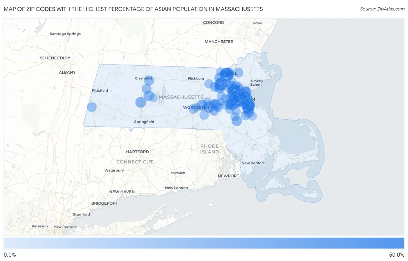 Zip Codes with the Highest Percentage of Asian Population in Massachusetts Map