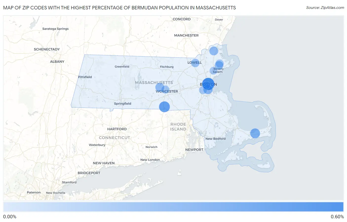 Zip Codes with the Highest Percentage of Bermudan Population in Massachusetts Map