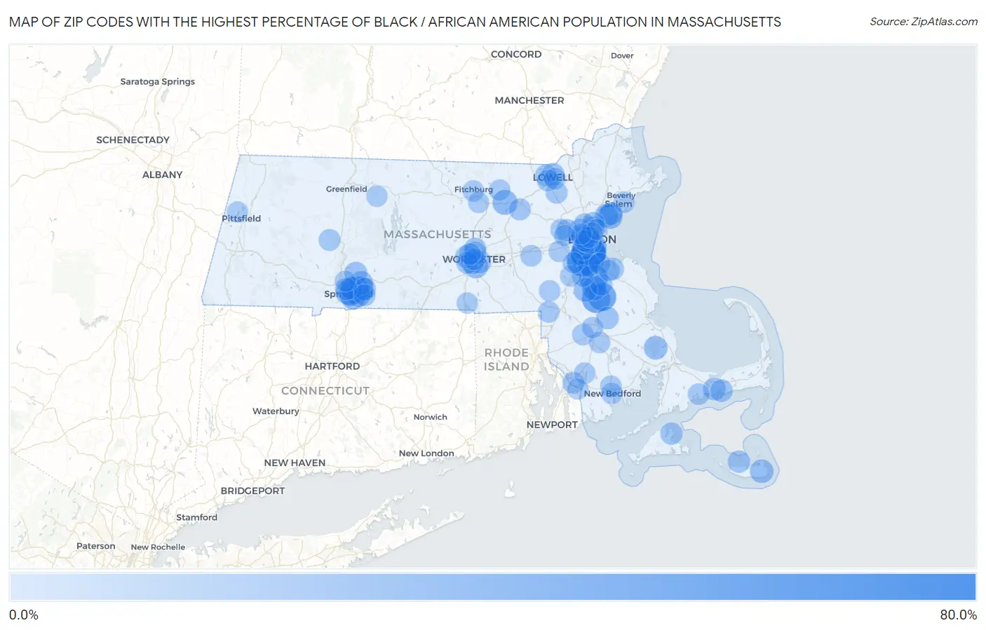 Zip Codes with the Highest Percentage of Black / African American Population in Massachusetts Map