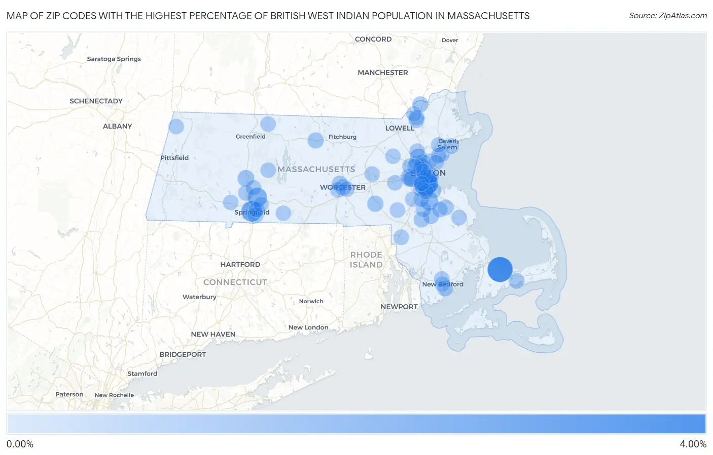 Zip Codes with the Highest Percentage of British West Indian Population in Massachusetts Map