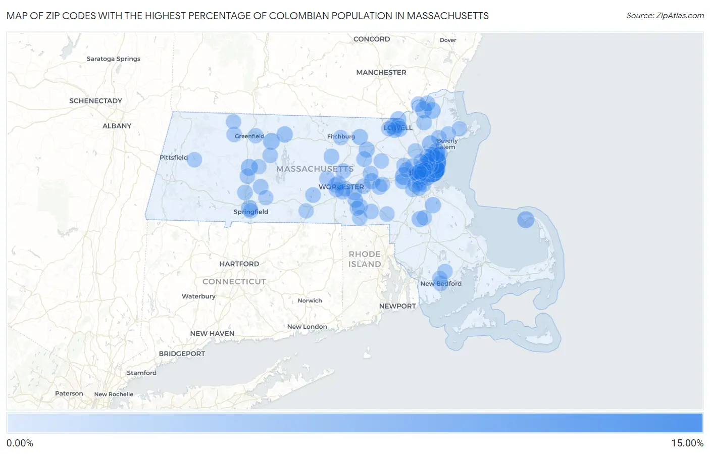 Zip Codes with the Highest Percentage of Colombian Population in Massachusetts Map
