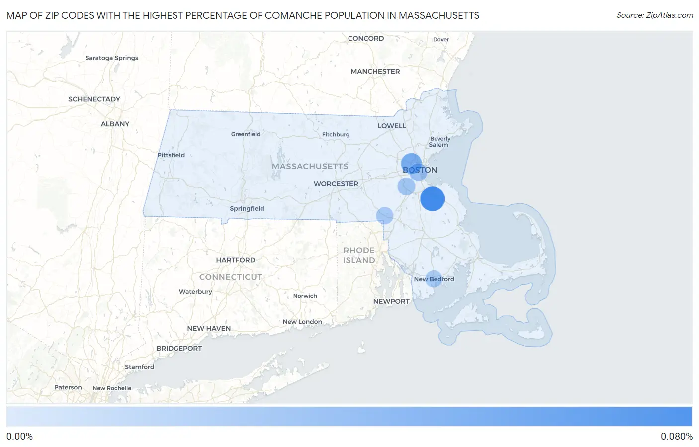 Zip Codes with the Highest Percentage of Comanche Population in Massachusetts Map