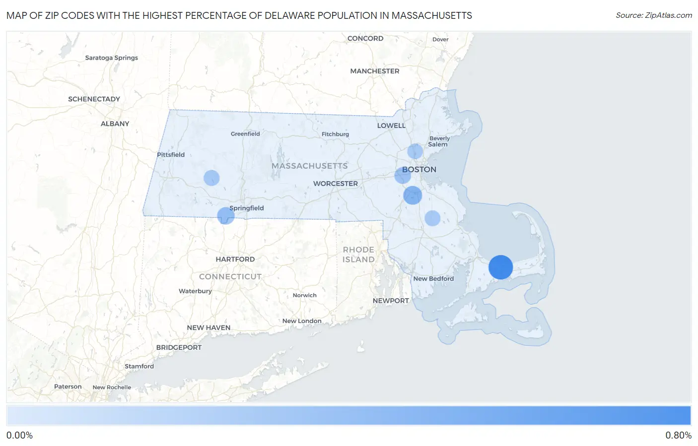 Zip Codes with the Highest Percentage of Delaware Population in Massachusetts Map