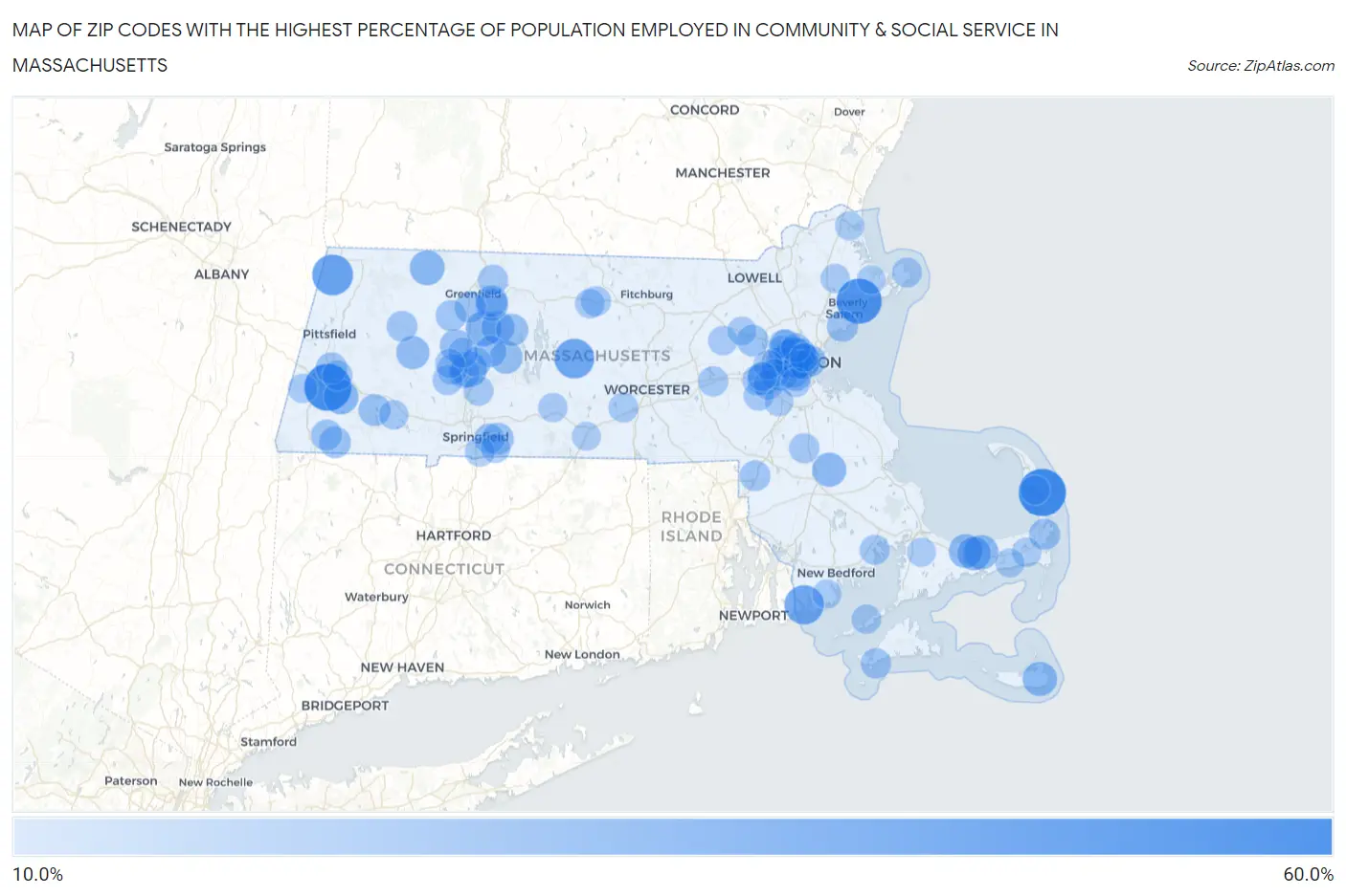 Zip Codes with the Highest Percentage of Population Employed in Community & Social Service  in Massachusetts Map